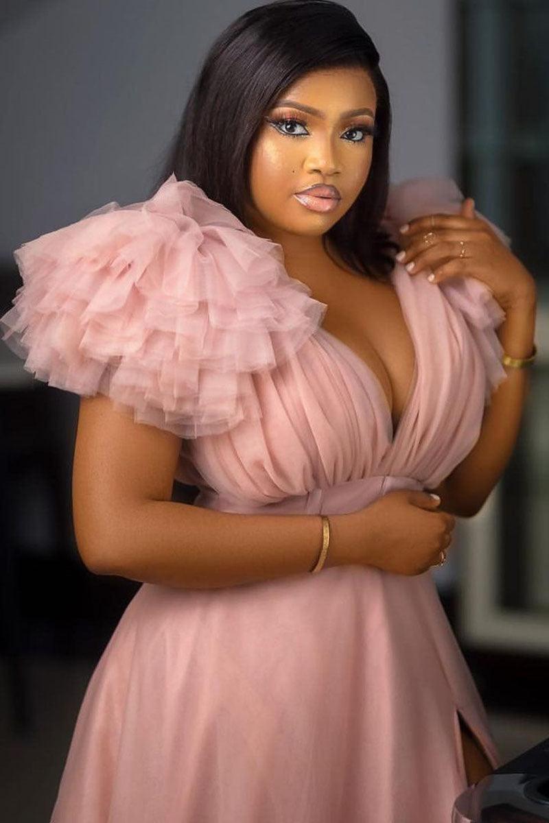 Xpluswear Plus Size Formal Pink Split Joint V Neck Tulle Ruffle Trailing Maxi Dress