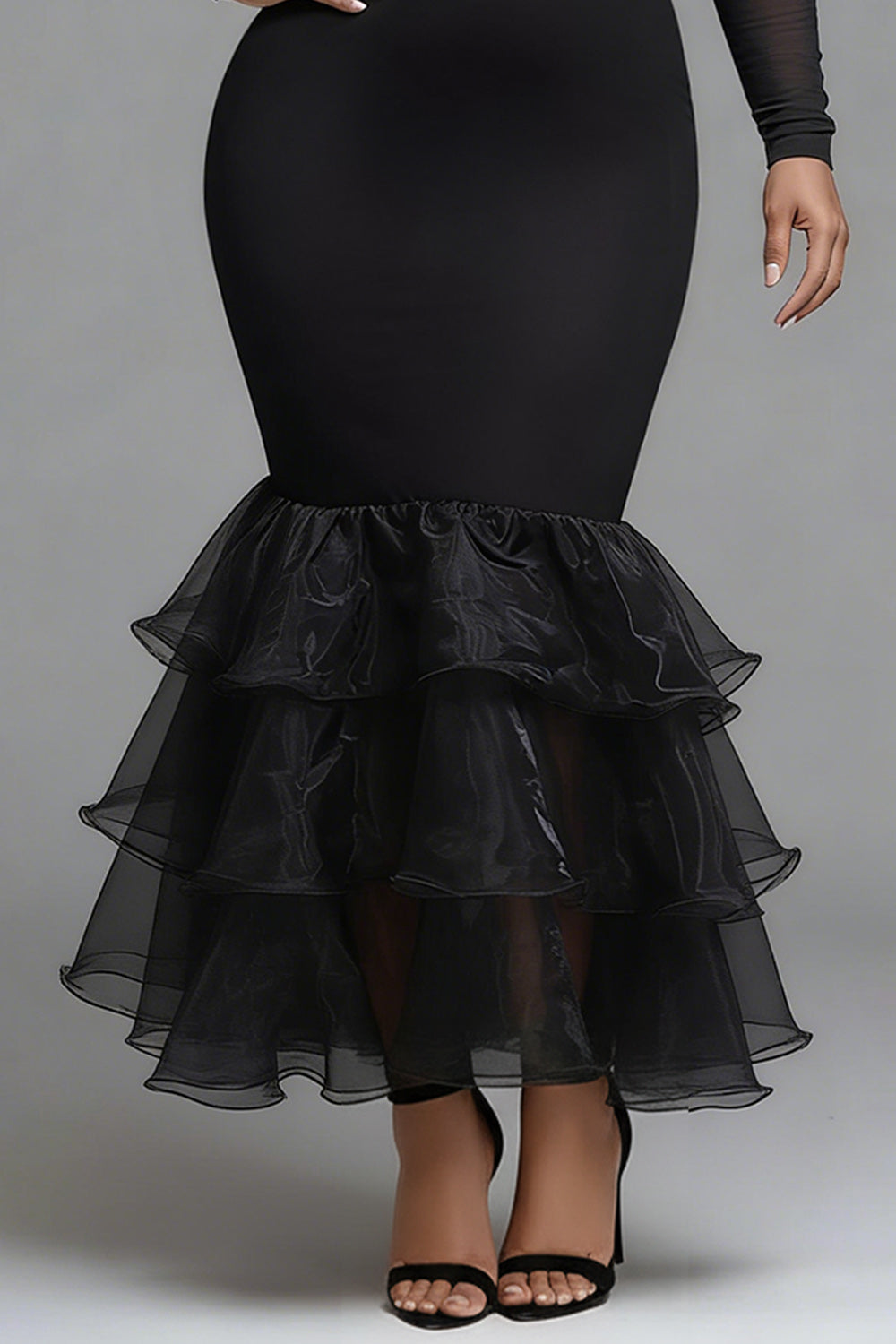 Xpluswear Design Plus Size Formal Black Mock Neck Long Sleeve Bodycon Elegant 3D Knitted Maxi Dresses