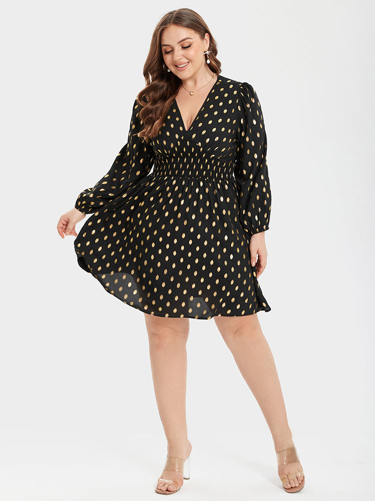 VIP Gold Polka Dot V-Neck Lantern Sleeve Elastic Waist Dress