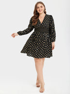 VIP Gold Polka Dot V-Neck Lantern Sleeve Elastic Waist Dress