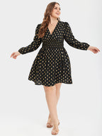 VIP Gold Polka Dot V-Neck Lantern Sleeve Elastic Waist Dress