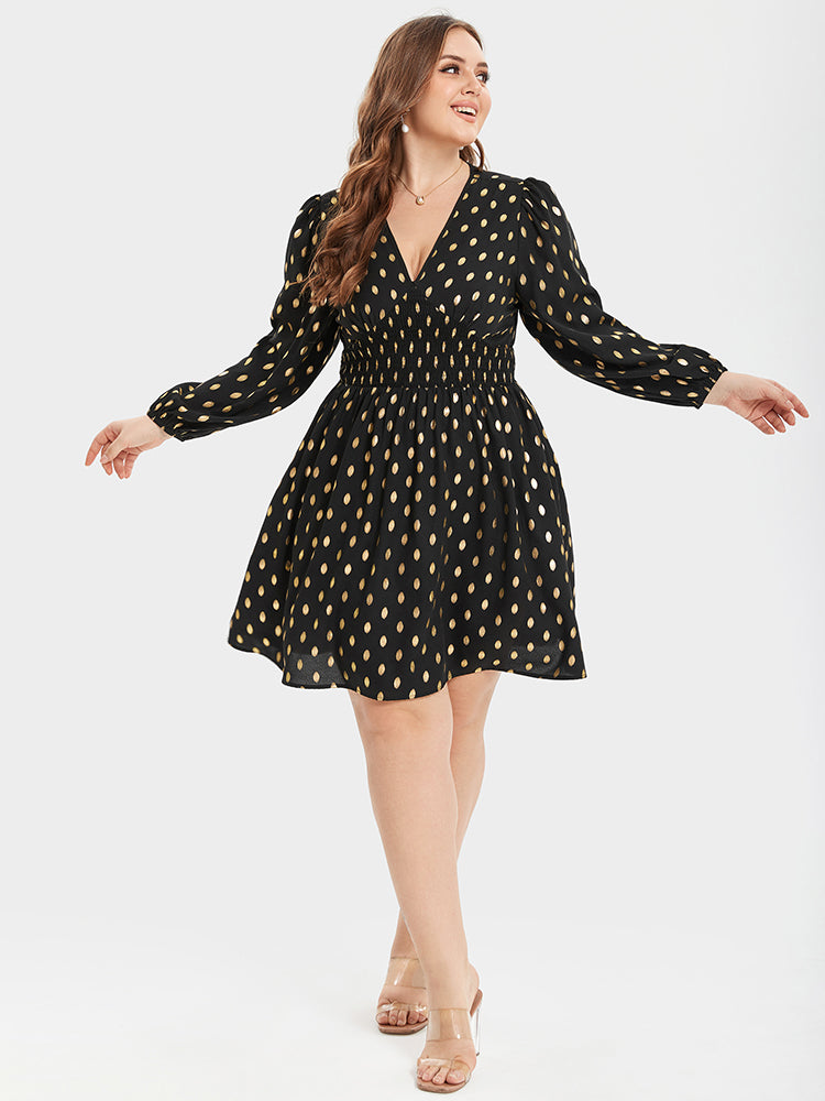 VIP Gold Polka Dot V-Neck Lantern Sleeve Elastic Waist Dress