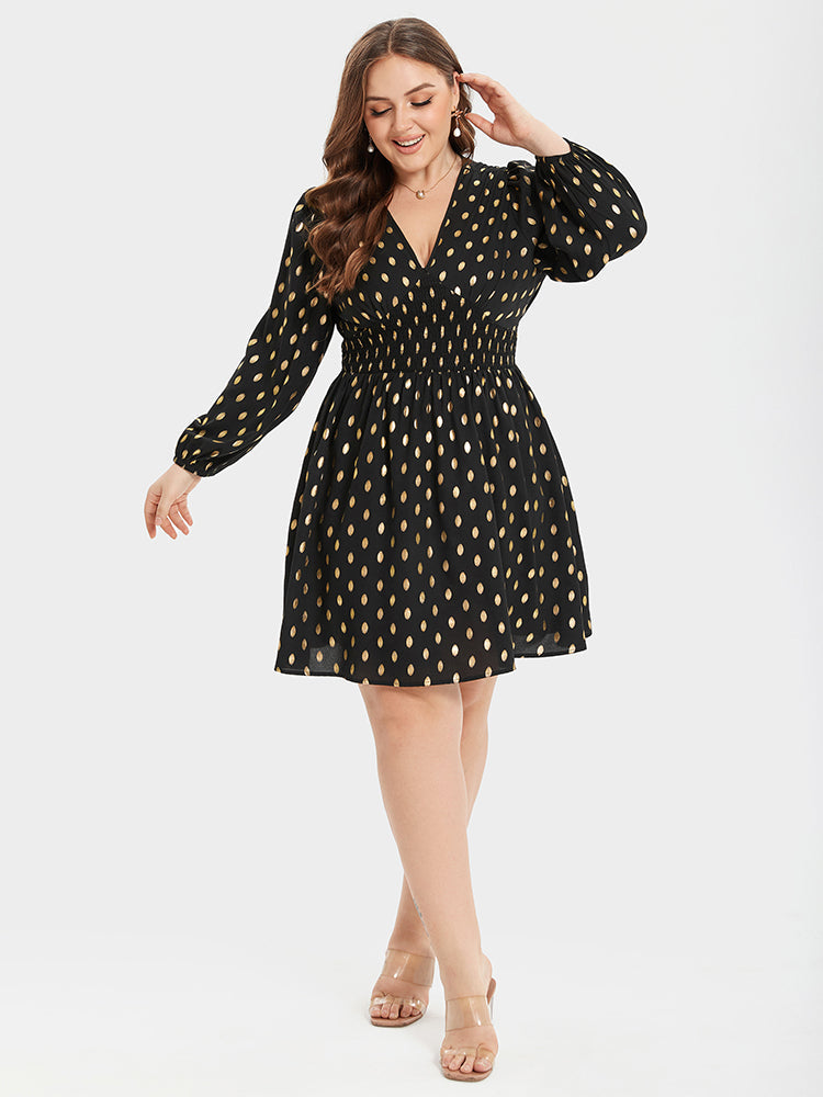 VIP Gold Polka Dot V-Neck Lantern Sleeve Elastic Waist Dress