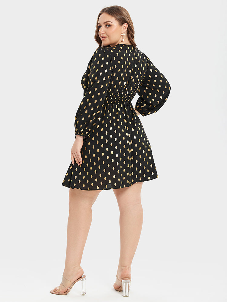 VIP Gold Polka Dot V-Neck Lantern Sleeve Elastic Waist Dress