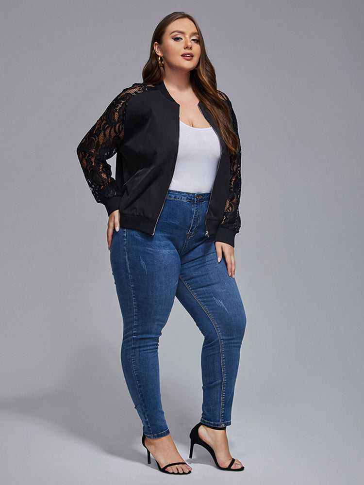 Plus Black Lace Zipper Front Raglan Sleeve Jacket