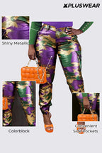 Plus Size Mardi Gras Multicolor Camo Cargo Jogging Metallic Pants