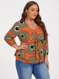 Plus Orange Tropical Print Tie Front Ruffle Blouse
