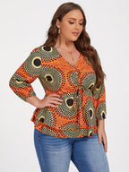 Plus Orange Tropical Print Tie Front Ruffle Blouse