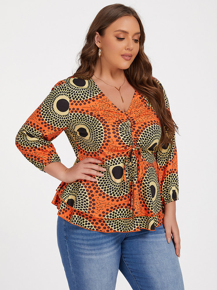 Plus Orange Tropical Print Tie Front Ruffle Blouse