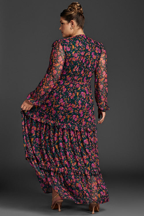 Curveins Plus Size Floral Print Lantern Sleeve Tiered Maxi Dress