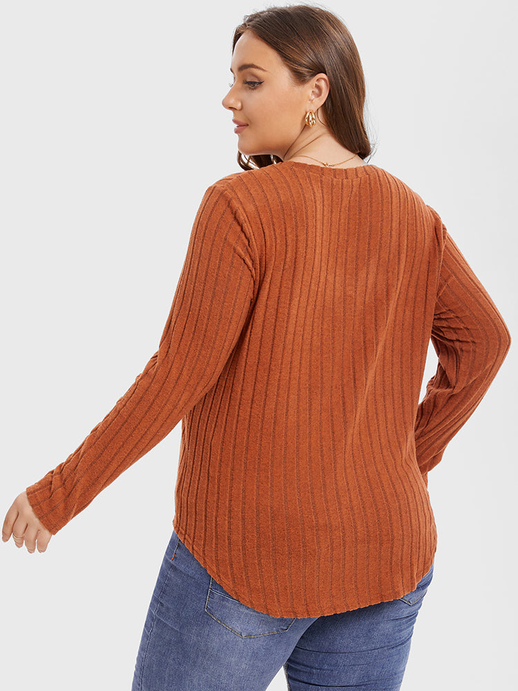 V-Neck Curved Hem Ribbed Knit Tee