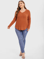 V-Neck Curved Hem Ribbed Knit Tee