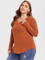 V-Neck Curved Hem Ribbed Knit Tee