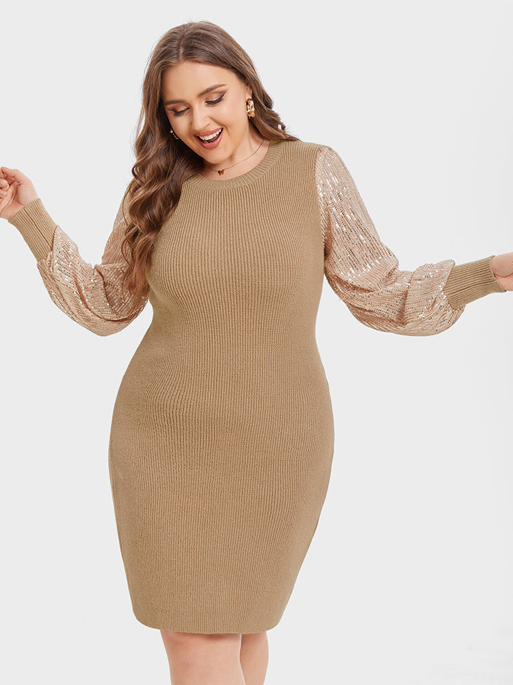 VIP Contrast Sequin Lantern Sleeve Bodycon Dress