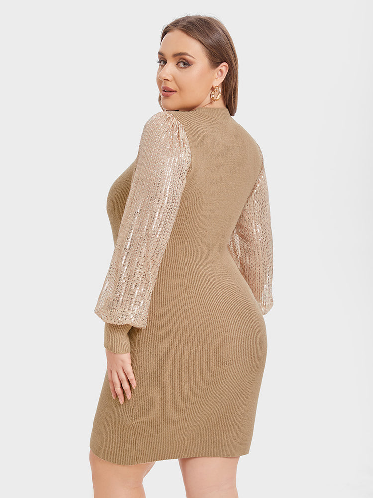 VIP Contrast Sequin Lantern Sleeve Bodycon Dress