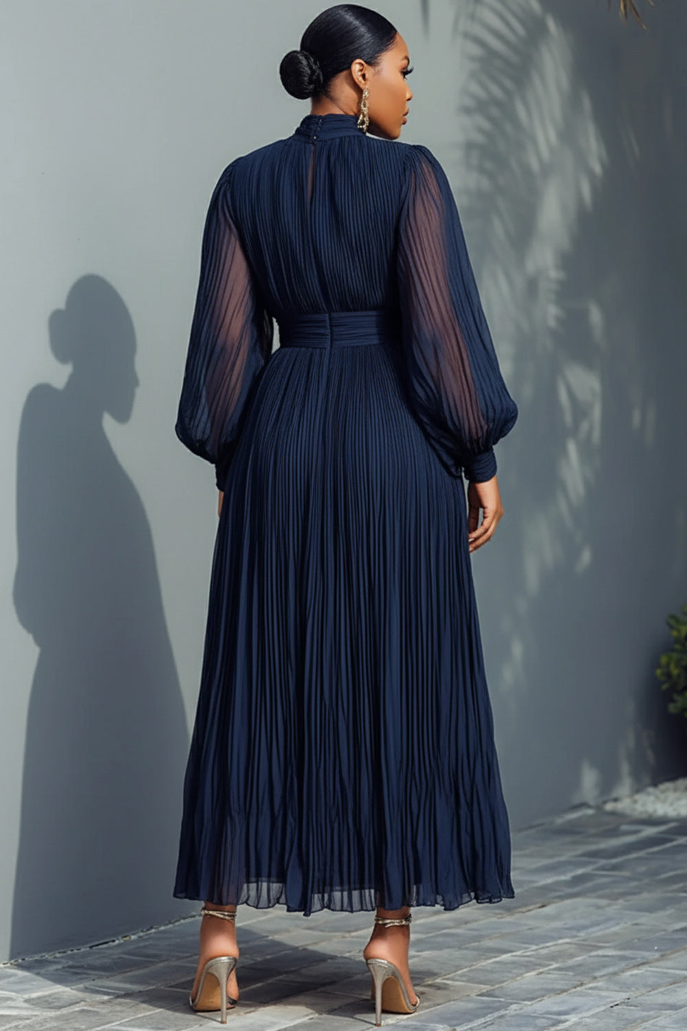 Xpluswear Design Plus Size Churchs Navy Blue Mock Neck Lantern Sleeve Long Sleeve See Through Elegant Ruffled Midi Dresses