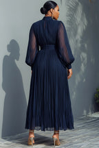Xpluswear Design Plus Size Churchs Navy Blue Mock Neck Lantern Sleeve Long Sleeve See Through Elegant Ruffled Midi Dresses