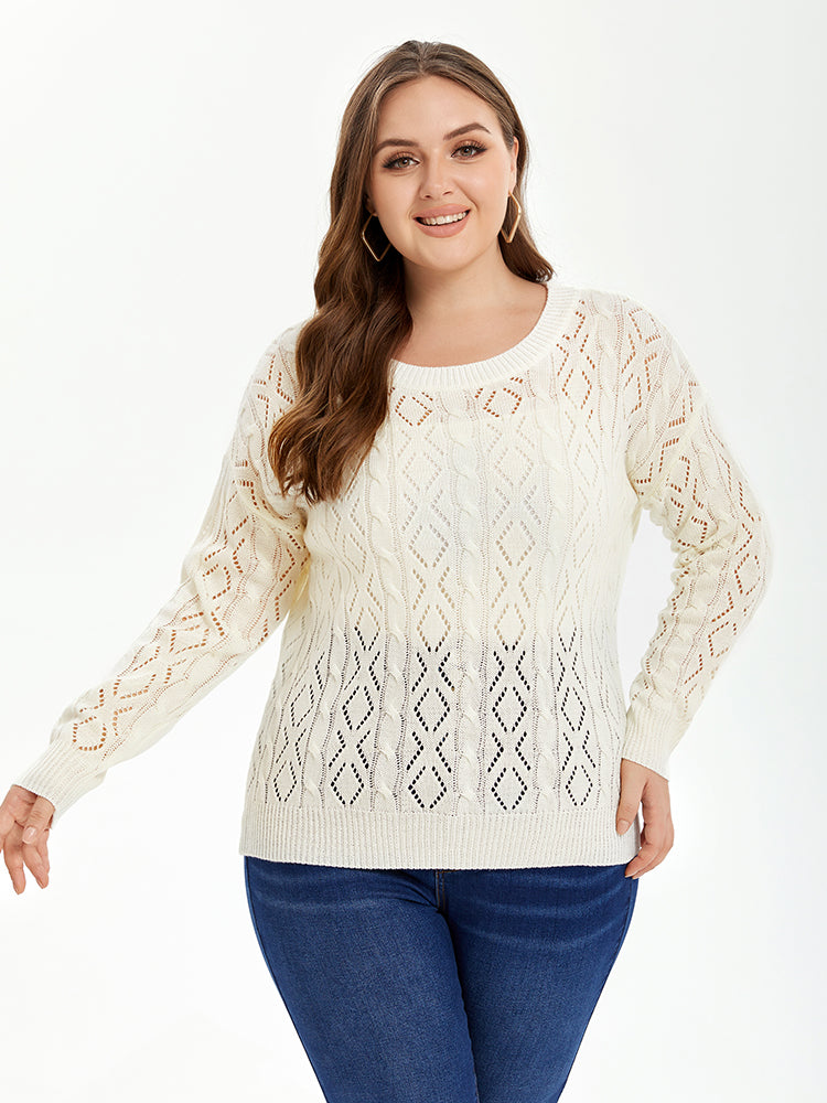 Solid Pointelle Knit Drop Shoulder Sweater