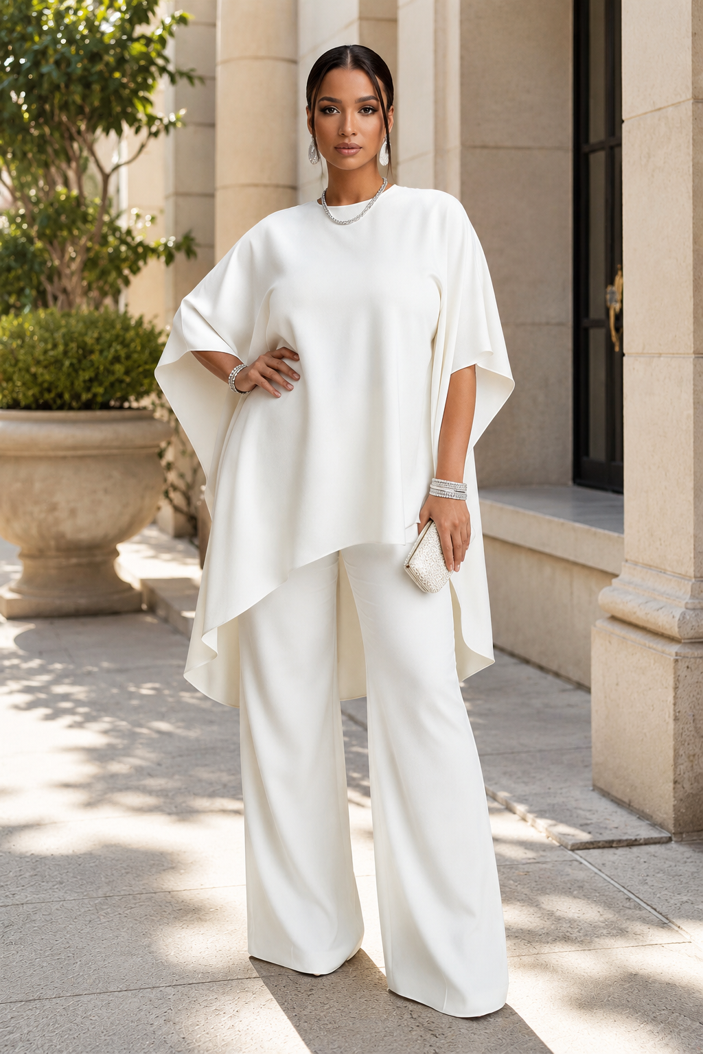 Xpluswear Design Plus Size Vacation White Round Neck Flare Half Sleeve Asymmetric Hem Pocket Two Piece Pant Sets