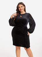 Appliques Mesh Lantern Sleeve Twist Cut Out Velvet Dress