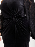 Appliques Mesh Lantern Sleeve Twist Cut Out Velvet Dress