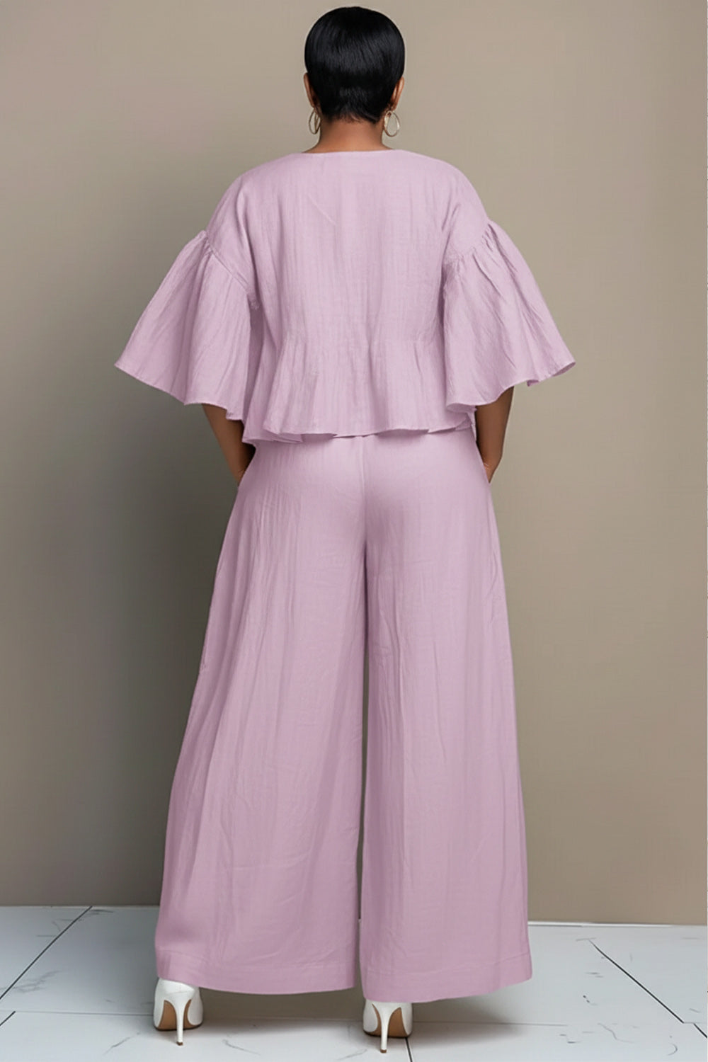 Xpluswear Design Plus Size Business Casual Purple Round Neck Half Sleeve Pocket Wide Leg Linen Two Piece Pant Sets