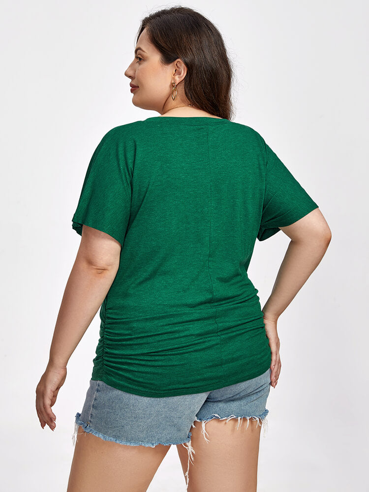 Plus Green Ruched V-Neck Batwing Sleeve Tee