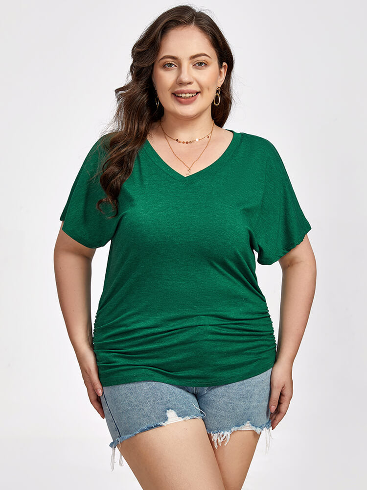Plus Green Ruched V-Neck Batwing Sleeve Tee