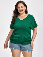 Plus Green Ruched V-Neck Batwing Sleeve Tee