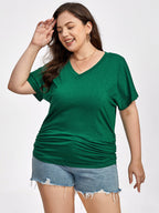 Plus Green Ruched V-Neck Batwing Sleeve Tee