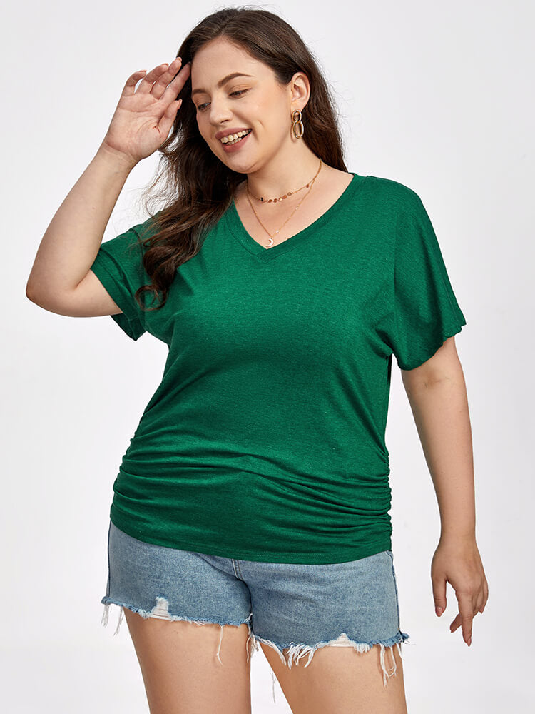 Plus Green Ruched V-Neck Batwing Sleeve Tee