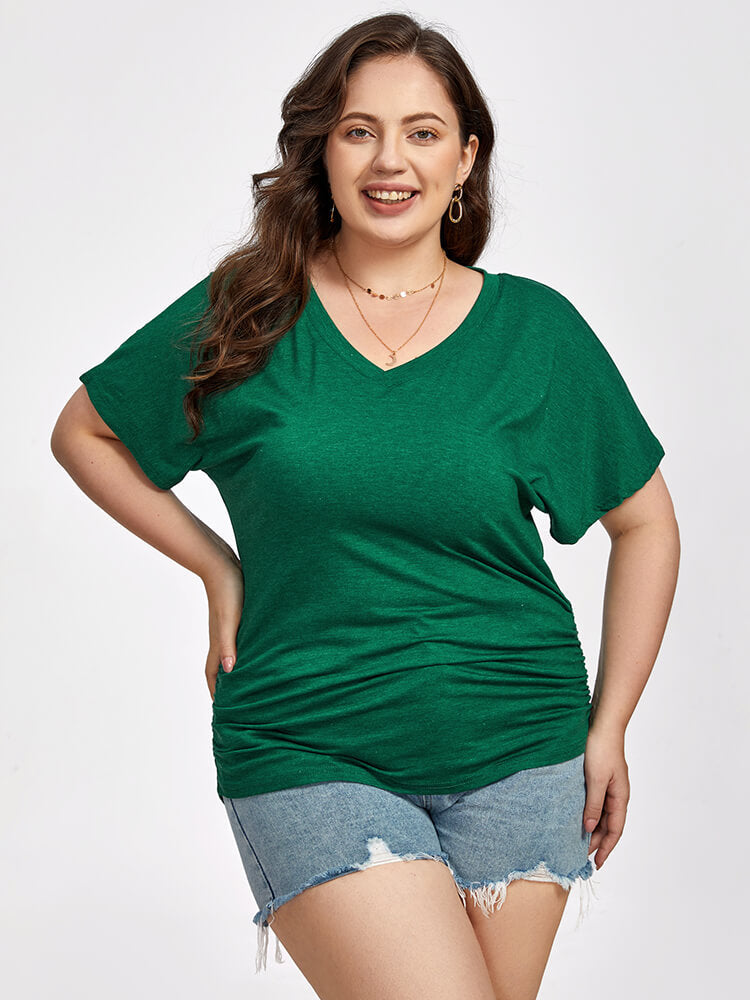 Plus Green Ruched V-Neck Batwing Sleeve Tee