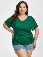 Plus Green Ruched V-Neck Batwing Sleeve Tee