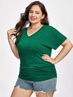 Plus Green Ruched V-Neck Batwing Sleeve Tee