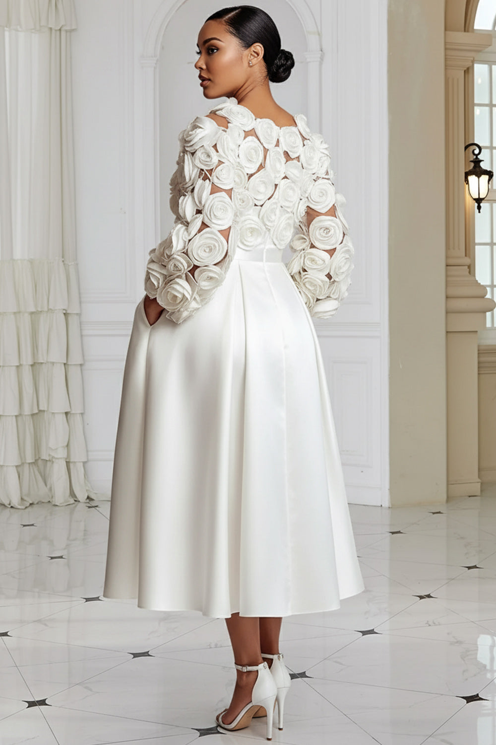 Xpluswear Design Plus Size Wedding Black Round Neck 3/4 Sleeve 3D Elegant Pocket Satin Midi Dresses