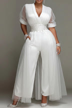 Xpluswear Design Plus Size Cocktail Party Elegant Tulle White V Neck Short Sleeve With Skirt Overlay Pocket Satin Jumpsuits