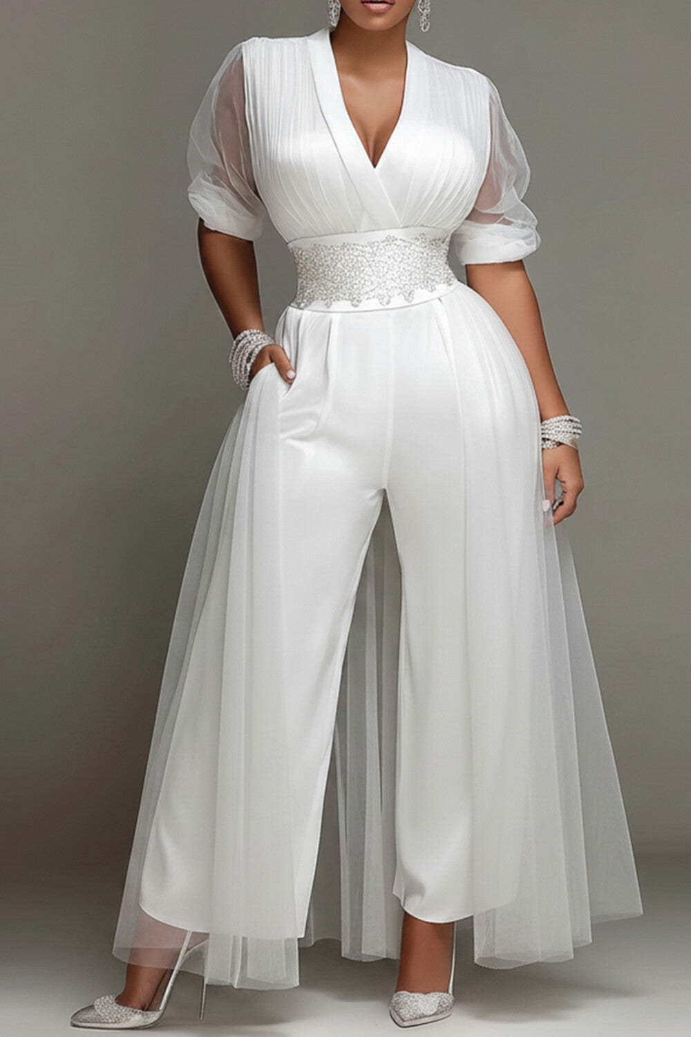 Xpluswear Design Plus Size Cocktail Party Elegant Tulle White V Neck Short Sleeve With Skirt Overlay Pocket Satin Jumpsuits
