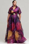 Xpluswear Design Plus Size Formal Purple Floral Short Sleeve Pocket Organza Maxi Dresses