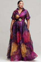Xpluswear Design Plus Size Formal Purple Floral Short Sleeve Pocket Organza Maxi Dresses