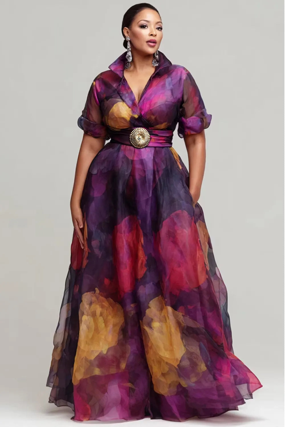 Xpluswear Design Plus Size Formal Purple Floral Short Sleeve Pocket Organza Maxi Dresses