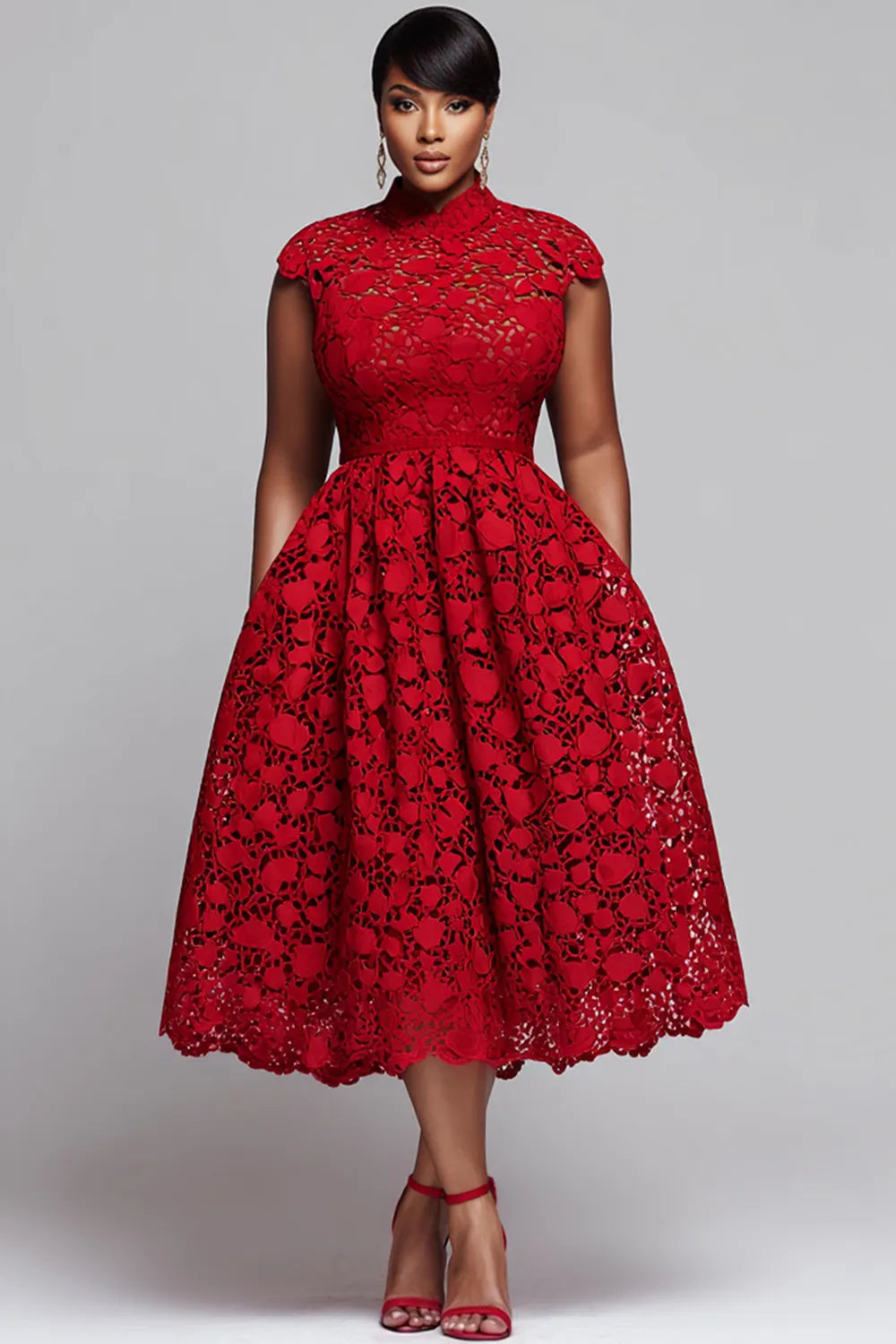 Xpluswear Design Plus Size Red Round Neck Pocket Elegant Cut Out Lace Midi Dresses
