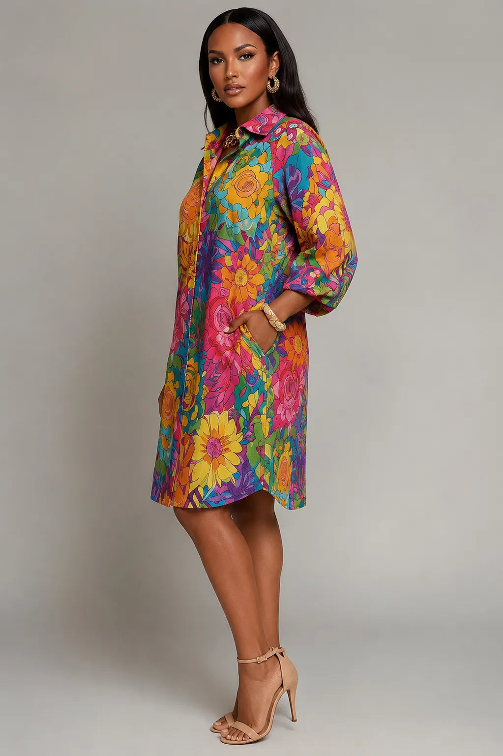 Xpluswear Design Plus Size Party Multicolor Floral Shirt Collar 3/4 Sleeve Pocket Midi Dresses