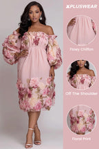 Xpluswear Design Plus Size Cocktail Party Pink Floral Off The Shoulder 3D Chiffon Midi Dresses