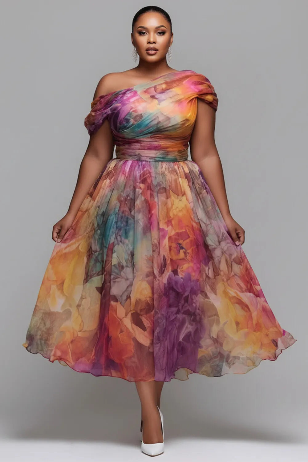 Xpluswear Design Plus Size Wedding Guest Elegant Multicolor Floral Oblique Collar Chiffon Midi Dresses