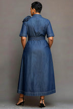 Xpluswear Design Plus Size Business Casual Casual Blue Stand-Up Collar Short Sleeve 3D Pocket Tencel Denim Maxi Dresses