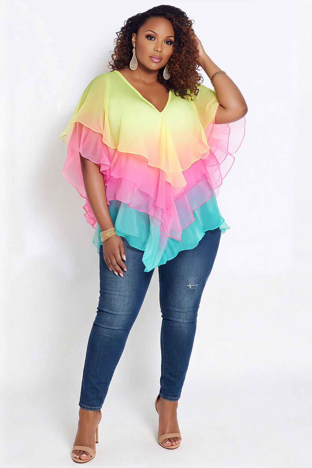 Xpluswear Design Plus Size Vacation Rainbow Colorblock V Neck Short Sleeve Ruffle Tiered Chiffon Blouses