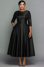 Xpluswear Design Plus Size Formal Black Round Neck Long Sleeve Pearls Elegant Pocket Satin Midi Dresses