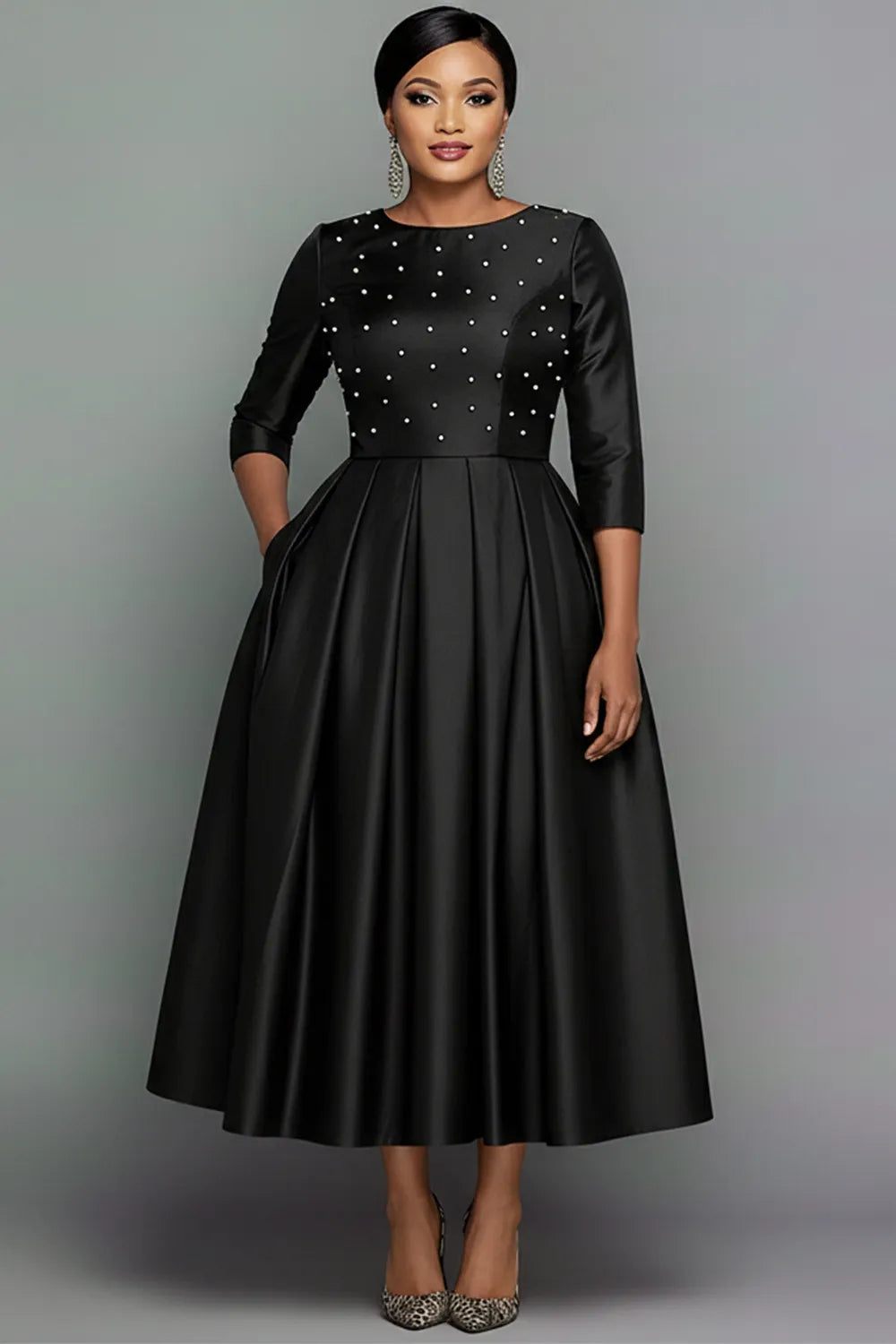 Xpluswear Design Plus Size Formal Black Round Neck Long Sleeve Pearls Elegant Pocket Satin Midi Dresses