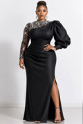 Xpluswear Design Plus Size Formal Black Round Neck Lantern Sleeve Long Sleeve Drilling Split Satin Maxi Dresses [Pre-Order]