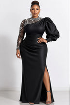 Xpluswear Design Plus Size Formal Black Round Neck Lantern Sleeve Long Sleeve Drilling Split Satin Maxi Dresses [Pre-Order]